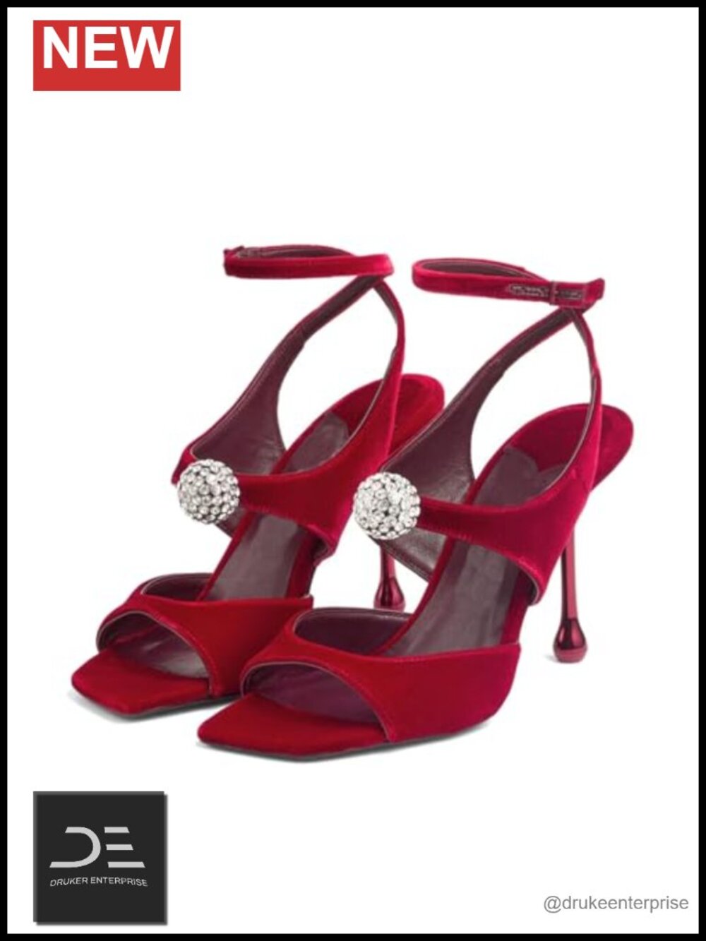 Women's Velvet High Heeled Sandals Rhinestone Crystal Square Open Toe Ankle